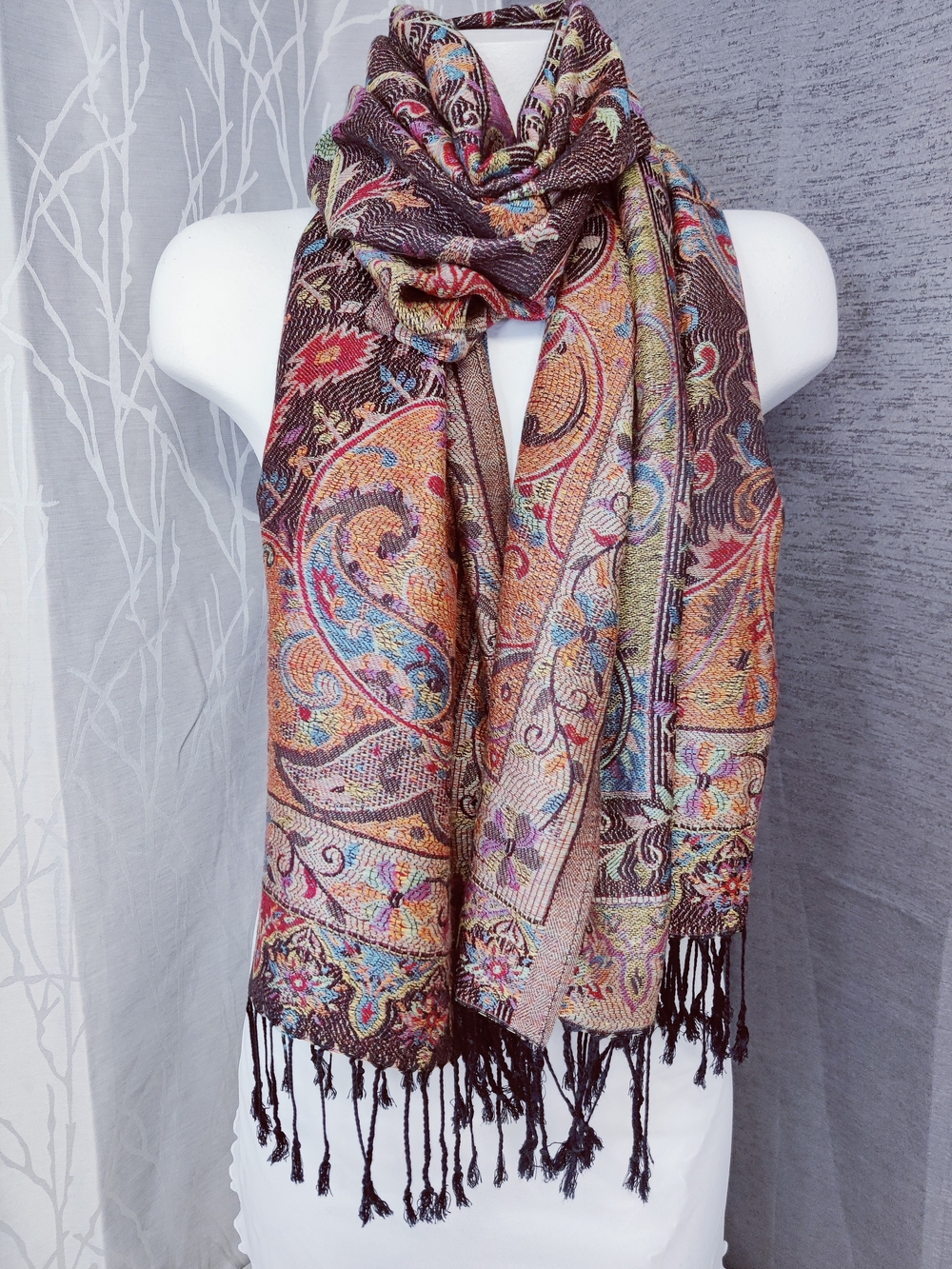 Pashmina-Style Oversized Scarf Wrap Shawl Paisley Earth Tones 74" NWOT